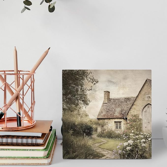 Vintage French Country Cottage Wooden Box Sign Desk Decor, Rustic Farmhouse Wildflower Cabin Wood Signs for Home Living Room Office Desk Table Shelf Decorations, 5x5 Inch