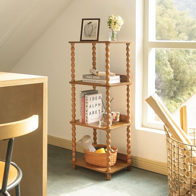 Fultyle Bookshelf, 4-Tier Bookcase with Open Shelves, Vintage Book Shelf for Small Spaces, Bedroom, Living Room and Office with Solid Wood Legs (Caramel Tan)