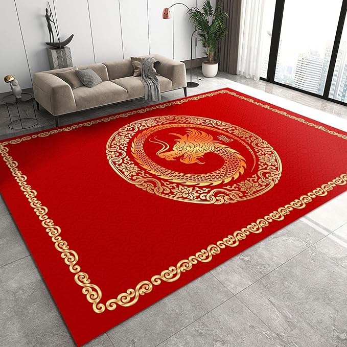 New Year Christmas Red Art Area Rug, Classic Chinese Luxury Golden Dragon Rug, Soft Foldable Non Slip Breathable Foldable Carpets for Living Room Bedroom Entryway Hotel Office Kitchen 4x5ft