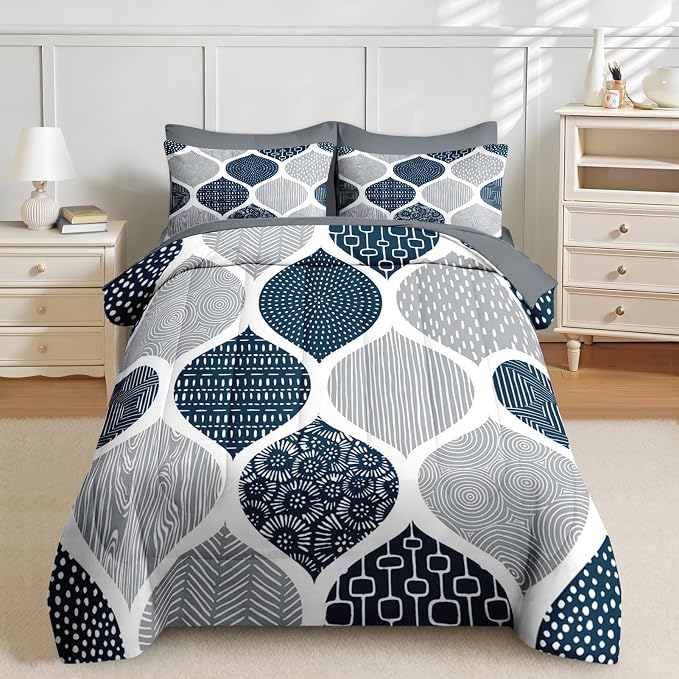 Nesker Comforter Set Full Size, Boho Bohemian Abstract Blue Gray 7 Pcs Bedding for Kids and Adults, Indigo Geometry Grey Bed Sheet Sets with Fitted Sheet 2 Pillowcases & 2 Shams