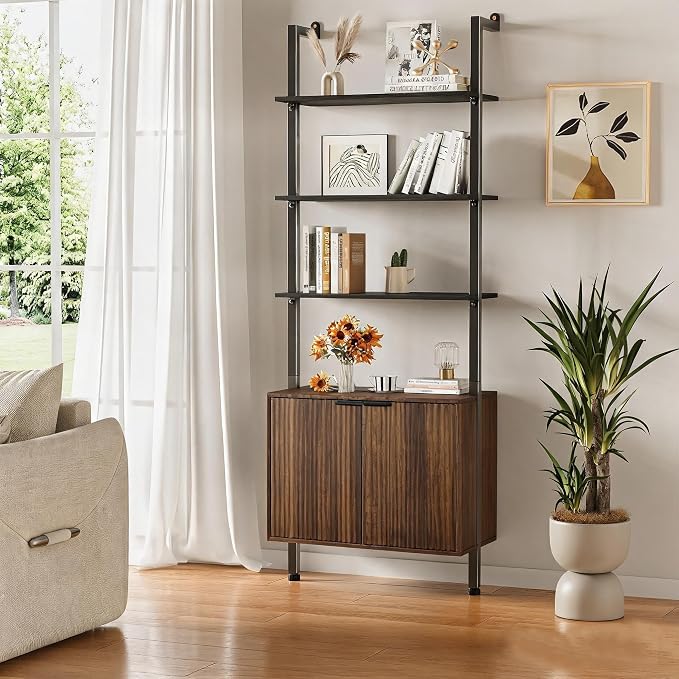 INNOD 74" Tall Bookshelf with Storage Cabinet, Modern Ladder Shelf with Wood and Metal Frame, Wall Mount Bookcase Open Display Shelf Furniture for Living Room, Bedroom, Home Office, Walnut
