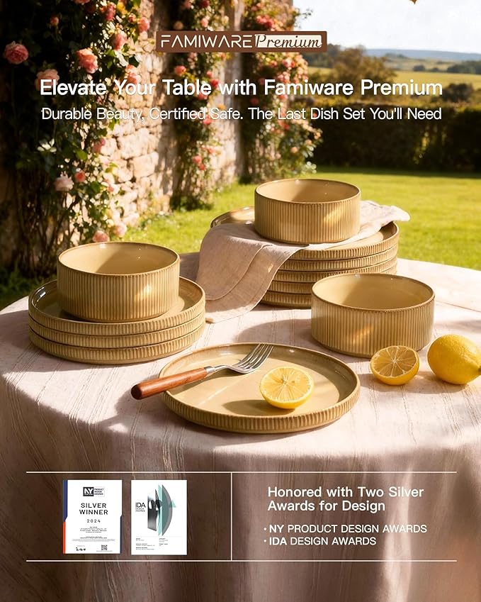 Stoneware Plates and Bowls Dishes Sets Service for 6 (18-Piece), Famiware Premium Handcrafted Reactive Glaze Dinnerware Set with Raised Rim, Scratch Resistant, Microwave Dishwasher Safe, Cream