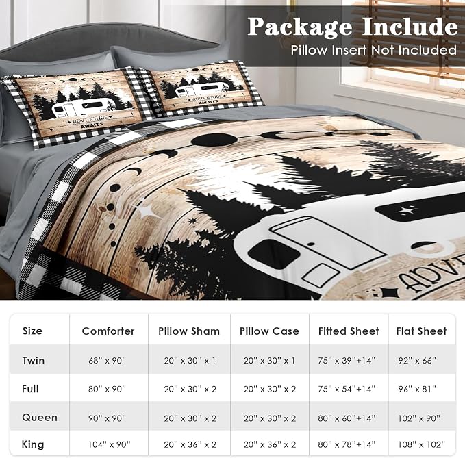 Pamnest Comforter Set King Size, Camping Camper Rv 7 Pcs Bedding for Kids and Adults, Car Family Bed Sheet Sets with Fitted Sheet 2 Pillowcases & 2 Shams for Bedroom Bed Decor