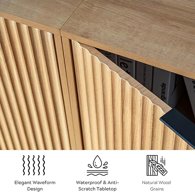Fluted Storage Cabinet Sideboard Buffet Cabinet, Modern Accent Cabinets with Adjustable Shelves, Wooden Credenza, Console Table Entryway Cabinets for Living Dining Room, Natural Oak