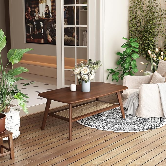 Coffee Table Small Solid Wood Center Table Mid Century Vintage Living Room Coffee Table, Walnut Rattan 47.24 Inch