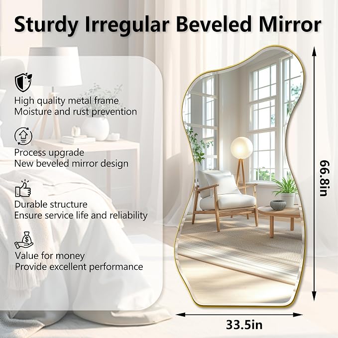 POZINO Irregular Beveled Mirror Full Length, 66.8"x33.5" Asymmetrical Aesthetic Wall Mirror with Metal Frame, Large Organic Floor Mirrors for Entryway Bedroom Living Room Cloakroom, Leaning/Wall-Mount