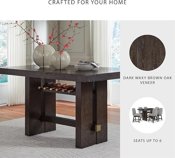 Signature Design by Ashley Burkhaus Contemporary Counter Height Dining Table with Double-Pedestal Base and Wine Rack, Dark Brown