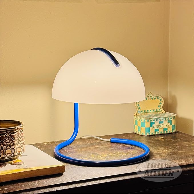 Lotus Atelier Blue Bauhaus Light | Retro Mushroom Table Lamp for Room Aesthetic Modern Lighting for Bedroom | Mid Century Modern | Living Room Decor & Bedroom Decor (10.5" H x 9.5" W) (Blue)