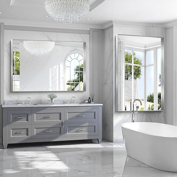 CIRCUMI Silver Bathroom Mirror, 40"x60" Rectangular Mirror with Deep Metal Frame, Brushed Finish, Tempered Glass, Large Mirror for Wall, Over 2 Sinks, Installed Vertically/Horizontally, Crystal-Clear