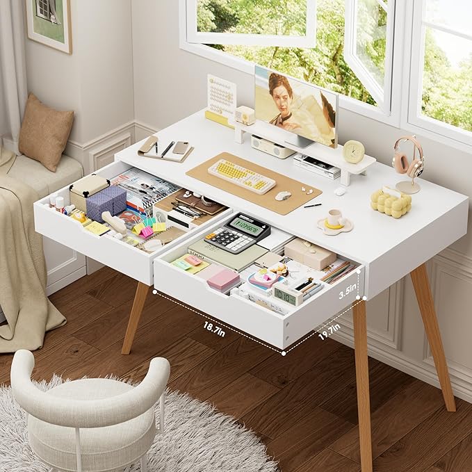 FOTOSOK White Computer Writing Desk with 2 Drawers, Small Desk Makeup Vanity Table Wood Desk with 4 Oak Legs, Modern Home Office Desk Console Study Table