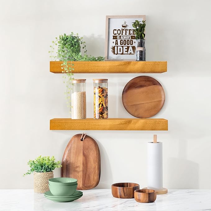 Sorbus Wood Floating Shelves for Wall - 16” Solid Wall Shelves for Bathroom, Bedroom & Living Room - Set of 2 Maple Wood Wall Mounted Shelves - Durable Solid Pine