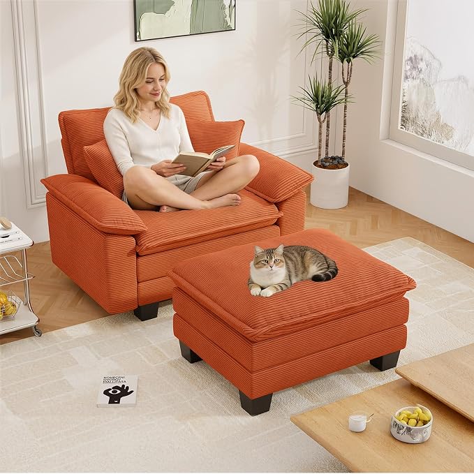 Chaise Lounge Chair Indoor, Oversized Accent Chairs with Ottoman, Luxury Corduroy Upholstered Deep Seat Sleeper Sofa Reading Chairs and A Half with Pillows for Living Room, Bedroom, Apartment, Orange