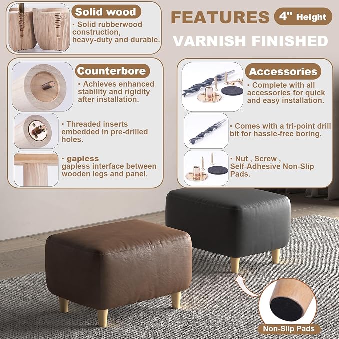 4 Inch Rubberwood Furniture Legs Set of 4 - Solid Wood Couch & Sofa Legs Replacement,Feet for Ottoman Loveseat Table Cabinet Bed Suport Foot - Vernished Wooden Legs