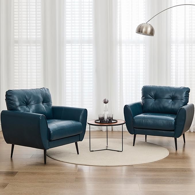 TYBOATLE Accent Chairs Set of 2, Comfy Modern Living Room Blue Faux Leather Reading Accent Chairs Tufted Mid Century Arm Chair Small Salon Chair for Office Bedroom (2, Blue)