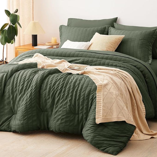 CozyLux King Size Comforter Set Dark Green, 7 Pieces Seersucker Textured Luxury Bed in a Bag, All Seasons Soft Bedding Sets with Down Alternative Comforter, Sheets, Pillowcases & Shams, Home Gift