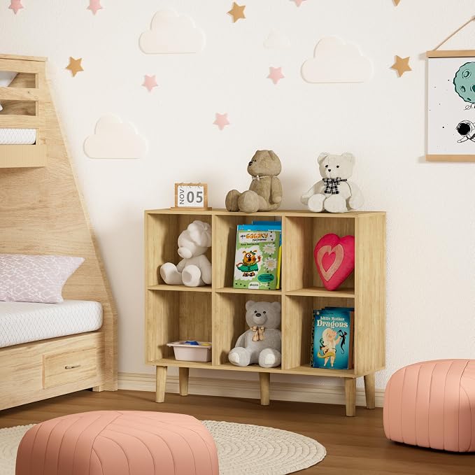 6 Cube Bookcase, Wooden Book Shelf Cube Storage Organizer with Legs, 2 Tier Bookshelf Freestanding Open Shelves for Home Office, Living Room, Bed Room (Oak, 6 Cube Horizontal)