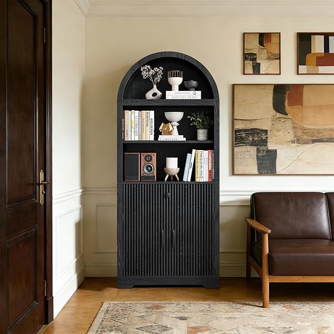Farmhouse Arched Bookshelf, Mid-Century Modern 5-Tier Curved Cabinet with Door, Wooden Bathroom Storage Cabinet, Kitchen Pantry Cabinet for Living Room, Kitchen，Home Office, Black