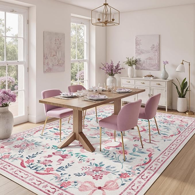 DCX Washable 9x12 Bow Rug, Pink Floral Rug for Girls’ Bedroom, Cute Soft Low Pile Indoor Décor Carpet, Kid & Pet Friendly Nursery Rug for Living Room, Dorm, Playroom