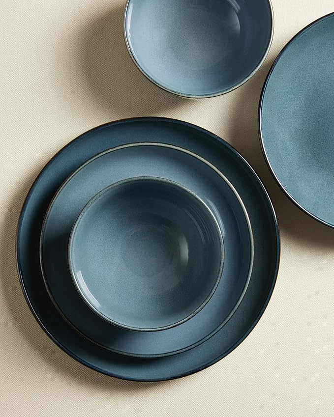 18 Piece Dinnerware Set for 6, Reactive Glaze Terracotta Plates and Bowls Set, Large Family-Sized Stoneware Dish Set for Gatherings, Chip and Scratch Resistant, Jeans Blue