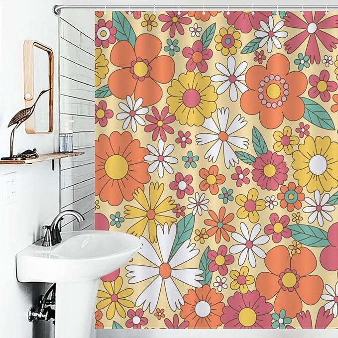 70s Floral Shower Curtain for Bathroom,Rustic Hippie Groovy 70s Daisy Flower Cute Colorful Funky Trippy Vintage Boho Waterproof Fabric Shower Curtain Set with Hooks, 72"x84"