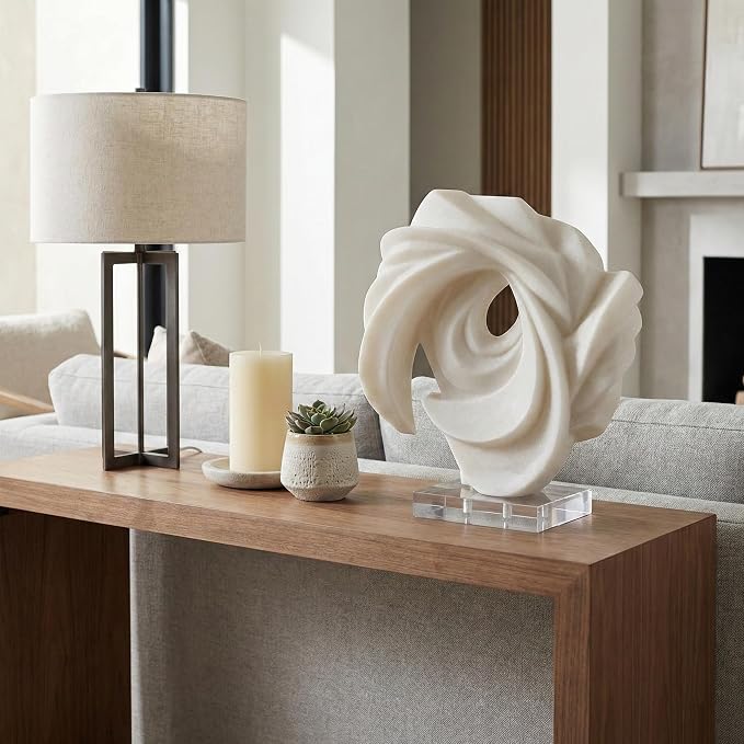 Abstract Swirl Sculpture Home Decor Figurine Ornament - Resin Accent Statue on Acrylic Base for Shelf or Coffee Table Decor - Decorative Display for Living Room, Bathroom, Office or Room - 15”, White