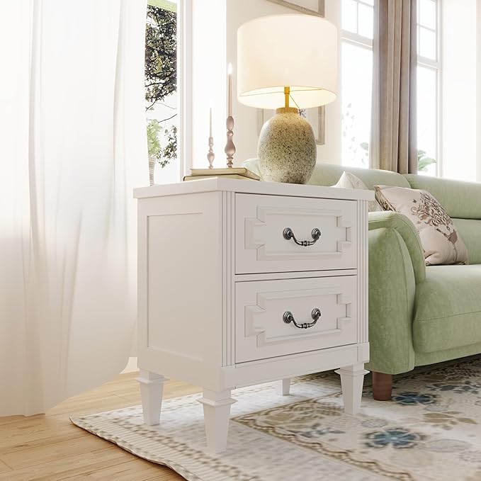 Farmhouse Nightstand wtih Vintage Surface, 30" End Table, Side Table with 2 Drawers Storage Cabinet for Bedroom, Living Room, White
