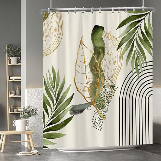 Baocicco Boho Shower Curtain Green Gold Leaves Modern Abstract Geometric Minimalist Shower Curtains Decorative for Bathroom Waterproof Fabric Shower Curtain with Hooks 72x84 Inches
