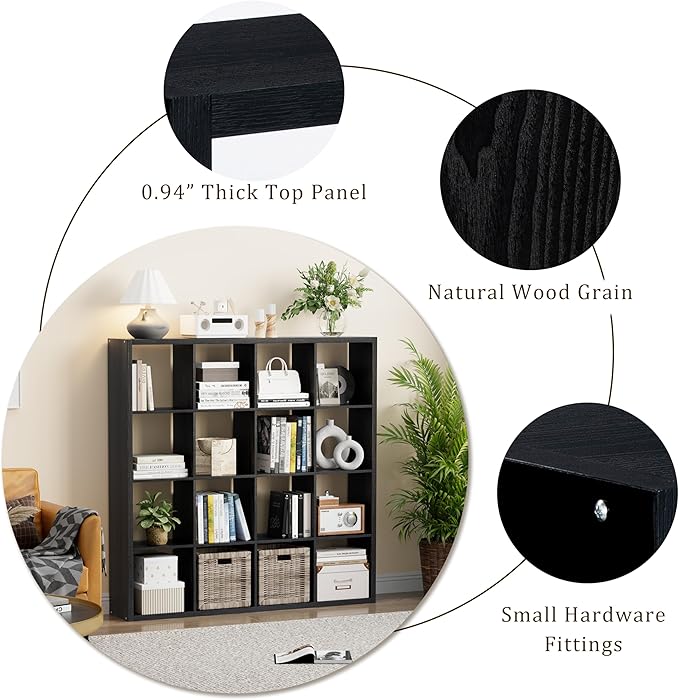 Cube Storage Organizer Bookcase, Decorative 11 inch Open Back Cubical Shelf with Thickened Border, Display Bookshelf for Living Room, Home Office, Sturdy Room (Black, 16 Cube)