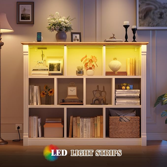 EnHomee 10 Cube Storage Organizer, Bookshelf with LED Light and Charging Station, 3 Tier Display Shelf,Stprage Bookcase for Living Room, Home Office, Warm White