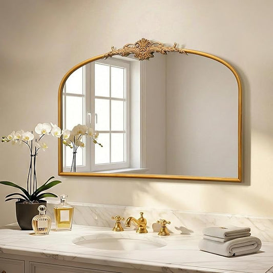Besdomus Antique Arched Gold Mirror: 32"x24" Large Gleaming Gold Antique Wall Mounted Mirror - Baroque Traditional Ornate for Fireplace/Bathroom/Bedroom - Wall Decor for Homemakers