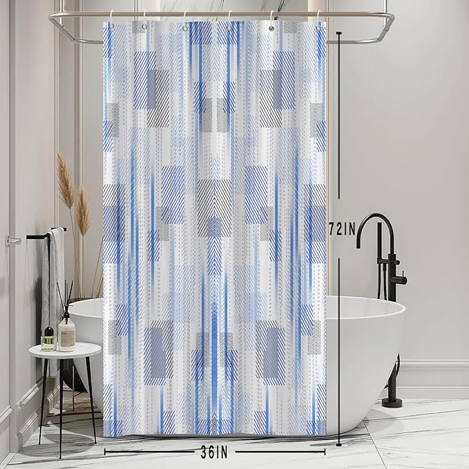 Abstract Style Shower Curtain Blue Grey Geometric Lines Pattern Shower Curtains for Art Aesthetic Bathroom Waterproof Fabric Decor Set with Hooks, 36W x 72H Inch