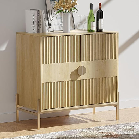 30.7" Accent Cabinet, Modern Buffet Cabinet with Gold Metal Legs, Fluted Sideboard for Dining Room, Kitchen, Oak