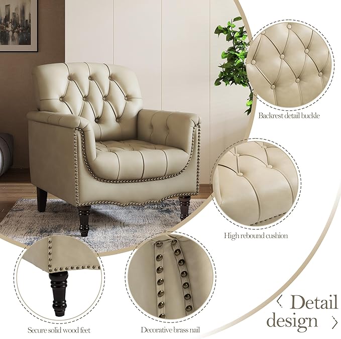 Pia Ricco Faux Leather Armchair Set of 2, Modern Accent Chairs with Nailhead Trim and Solid Wood Legs, Upholstered Comfort for Living Room, Office, Bedroom - Beige
