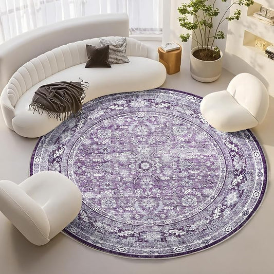OPPODREAM Vintage Purple Round Rug 6ft, 6 ft Retro Washable Circle Rug Non Slip, Low-Pile Faux Wool Circular Carpet, Distressed Floor Mat for Living Room, Bedroom, Office, Dorm, Dinning Room