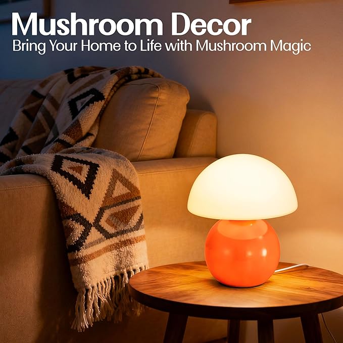 Small Mushroom Lamp,USB-Plug in Bedside Table Lamps with 3-Temperature LED Bulb Dimmable,Unique Cute Aesthetic Home Decor for Living Room,Bedroom, Modern Ceramic Base Glass Lamp(Orange)