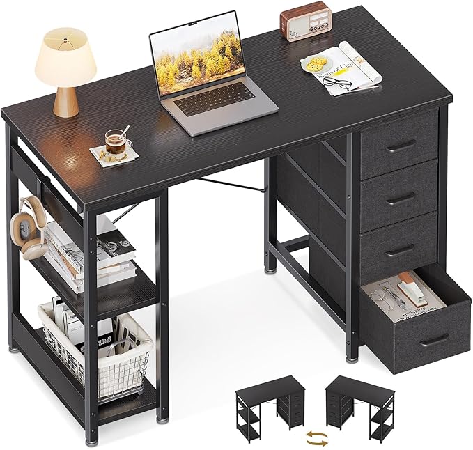 ODK 40 Inch Small Computer Desk with 4 Fabric Drawers, Modern Writing PC Desk for Small Spaces, Study & Home Office Desk with Storage Shelves, Black