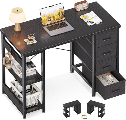 ODK 40 Inch Small Computer Desk with 4 Fabric Drawers, Modern Writing PC Desk for Small Spaces, Study & Home Office Desk with Storage Shelves, Black