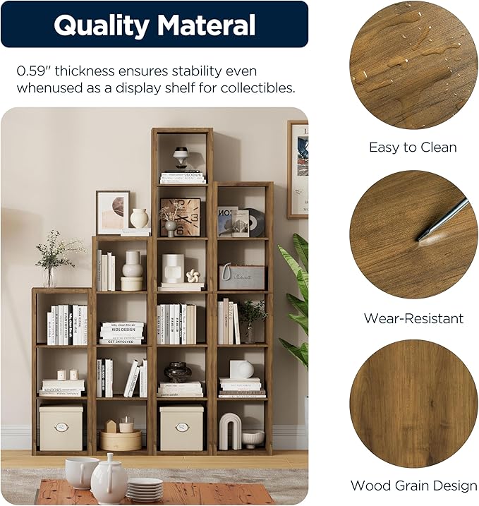 8 Cube Storage Organizer, Cube Shelf with Heavy-Duty Thick Boards, 25.12" L x 9.37" W x 48.74" H, Smooth Easy-Clean Panels, Simple Assembly, for Living Room Bedroom Office, Brown