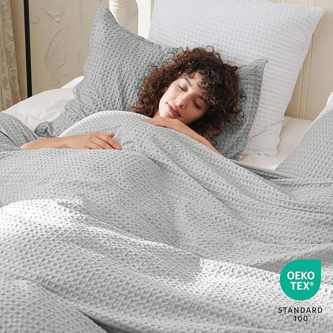 PHF Waffle Weave Duvet Cover California King, No Snagging Ultra Soft Luxury Textured Breathable Comforter Cover for All Season 3pcs, Durable Bedding Duvet Set with 2 Pillow Shams, 104"x98", Light Grey
