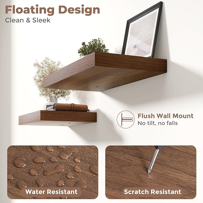 55 Inch Long Floating Shelves for Wall Set of 2, 12"D Wood Grain Bathroom Shelves with Invisible Brackets, Easy Install Engineered Wood Storage Shelves for Kitchen, Living Room, Bedroom, Walnut Finish