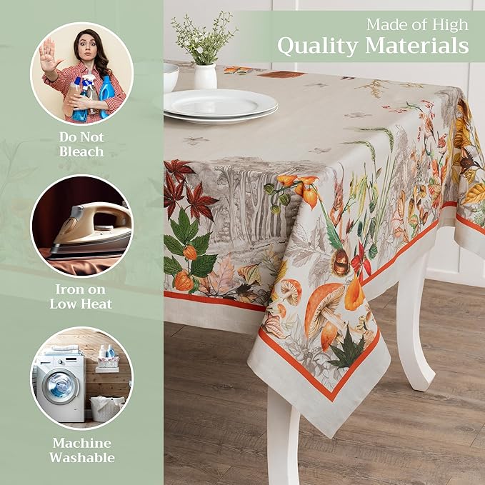 Maison d' Hermine Table Cloth Rectangle Table 100% Cotton 60 x 120 Inches Fall Tablecloth Reusable Everyday Use for Thanksgiving Christmas Decorations Dining Farmhouse Party (Recolte)