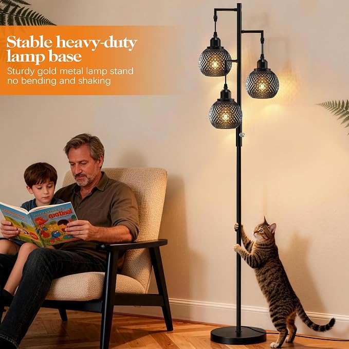 QiMH Modern Floor Lamps for Living Room, Standing Lamp with 3 Lights, 68" Tall Lamp for Bedroom, Grey Vintage Glass Lamp with Stepless Dimmable for Home Decor, 3 LED Bulb Included, Black