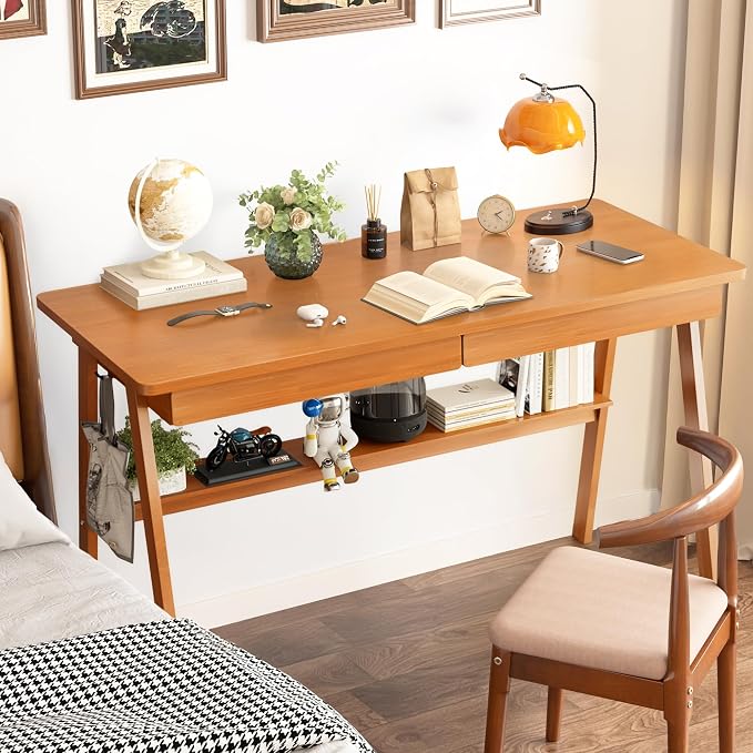 100% Solid Wood Writing Desk - 47.2" Mid Century Modern Desk, Home Office Desks with 2 Drawers and Storage Shelf, Small Computer Desks, Study Makeup Workstation for Bedroom/Living Room, Walnut