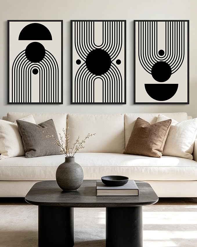 KUVIOKE Black Abstract Framed Wall Art Minimalist Geometry Lines Painting Artwork for Living Room Bedroom 24x36in (Black Framed)