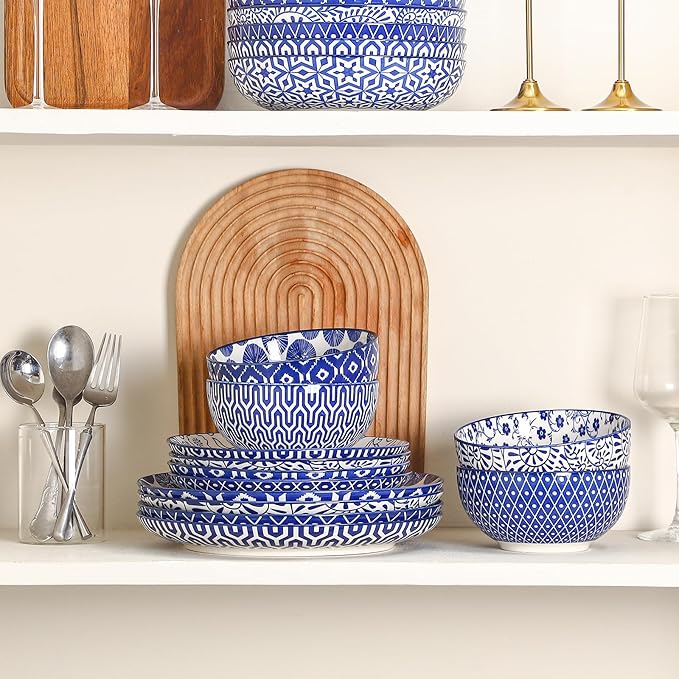 Selamica Ceramic Plates and Bowls Sets,12 Pieces Dinnerware Sets for 4,Scratch Resistant Dish Set,Dishwasher & Microwave Safe, Vintage Blue