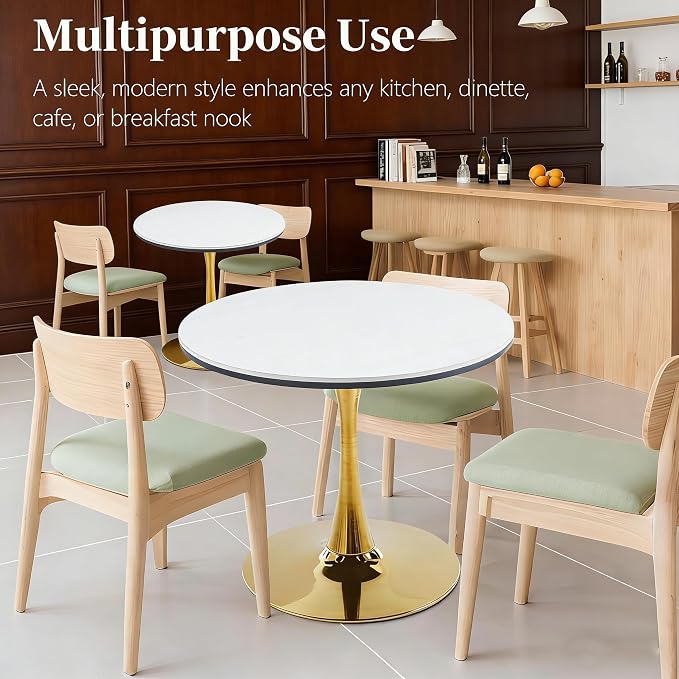 31.5" Marble Round Dining Table, Modern White and Gold Tulip Kitchen Table with Marble Tabletop & Sturdy Pedestal Base, Tulip Shape Table for Small Places, Living Room, Office, Cafe