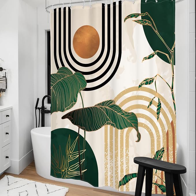 Glawry Green Boho Mid Century Shower Curtain Extra Long Abstract Retro Tropical Palm Tree Plant Sun Arch Minimalist Bathroom Modern 72Wx96L Inches Bath Accessories Art Home Decor Fabric 12 Pack Hooks