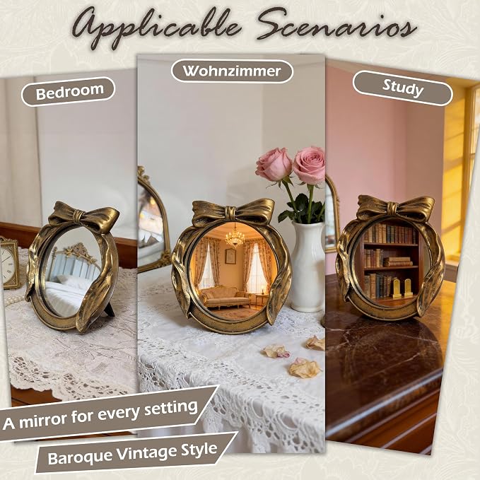 Vintage Round Vanity Desk Mirror - 6x6Inch Wall-Mounted & Tabletop Decorative Ornate Gold Accent Retro Makeup Mirror for Bedroom Dresser Living Room Bathroom Dorm Champagne Gold