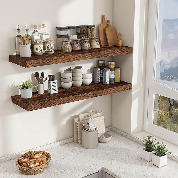 48 Inch Floating Shelves for Wall - 12 Inch Deep Fireplace Mantel Shelf - Wood Floating Shelf for Wall - Large Storage Shelves Wall Mount for Living Room & Bedroom - Rustic Brown - Set of 2