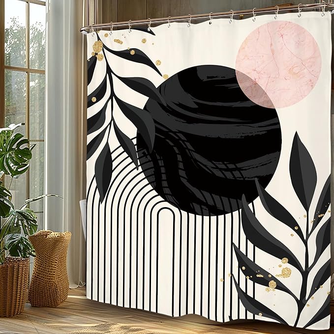Miyotaa Abstract Modern Shower Curtain Set 60Wx71H Inches Minimalist Aesthetic Black Pink Contemporary Plant Leaves Neutral Polyester Waterproof Cloth Bathroom Curtain with 12 Hooks